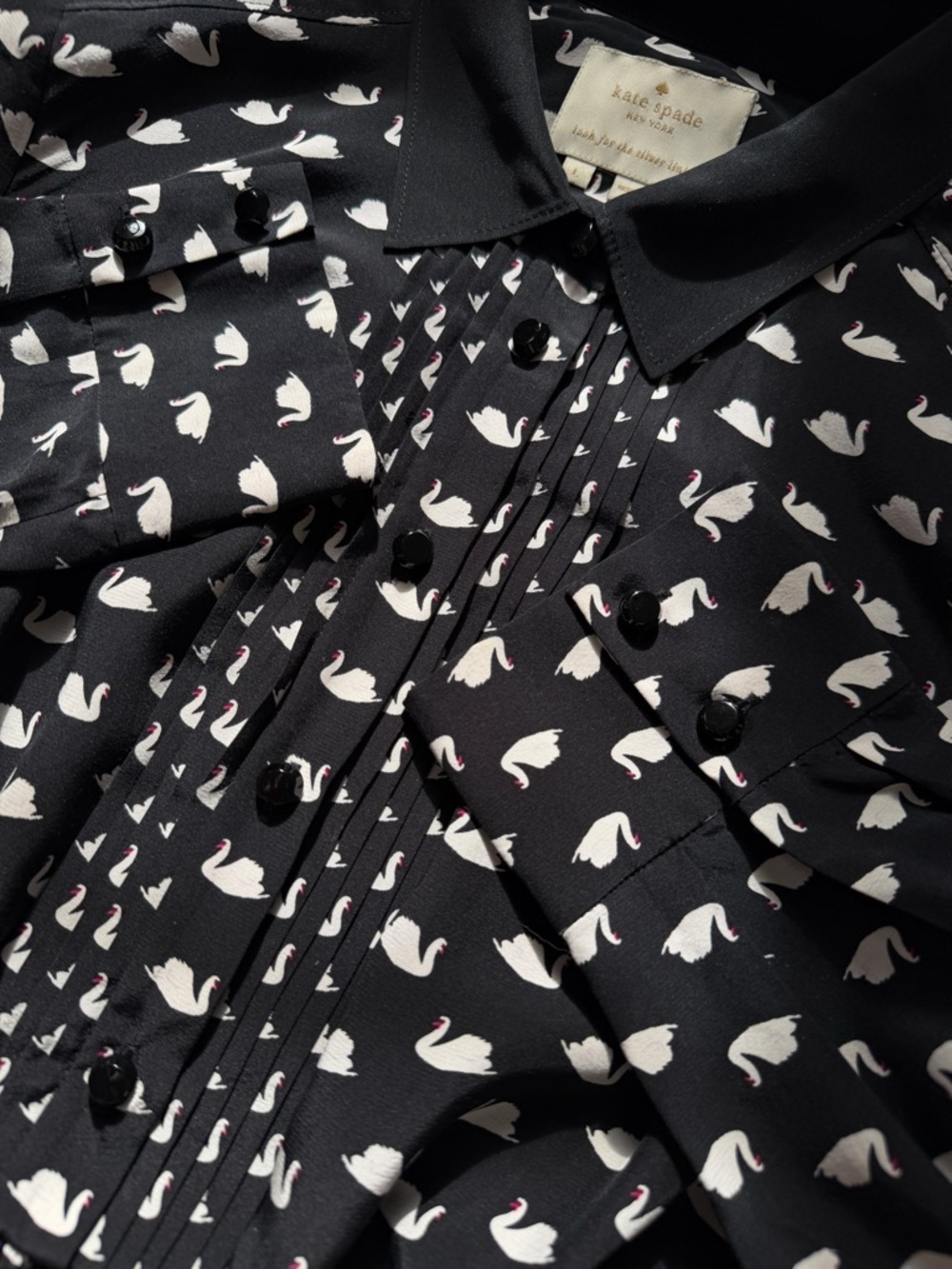 KATE SPADE Swan Print Silk Blend Shirtdress Black Size Large - Picture 16 of 16